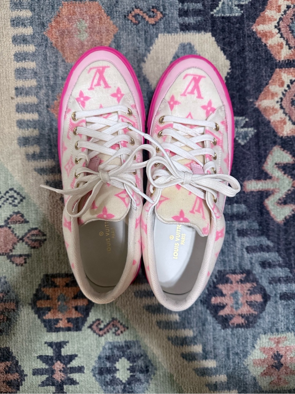Louis Vuitton White and Pink Monogram Low-Top Sneakers